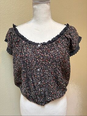 Lucky Brand Black Floral Button-Front Lace Trim Blouse